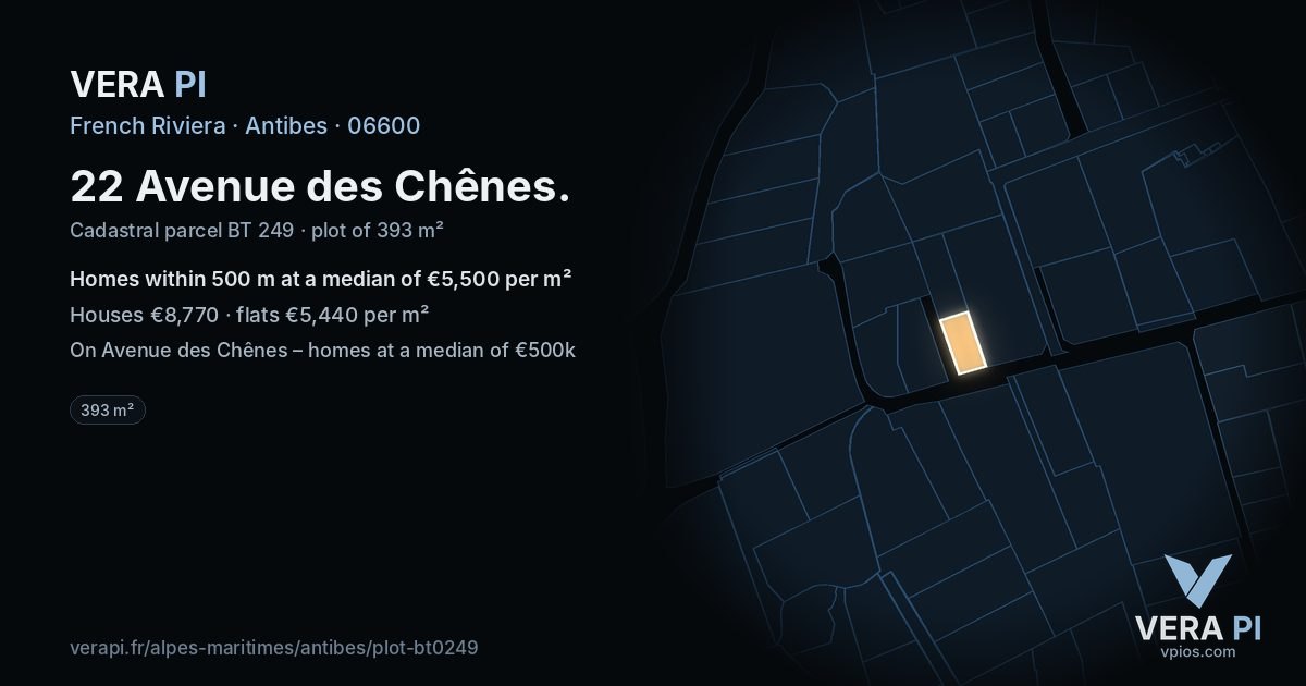 22 Avenue des Chênes, Antibes at night – the plot lit, the parcels around coloured by the prices near them