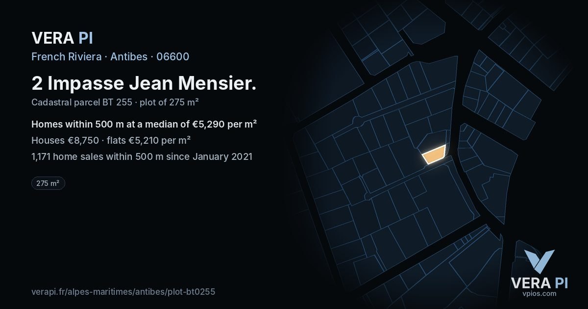 2 Impasse Jean Mensier, Antibes at night – the plot lit, the parcels around coloured by the prices near them