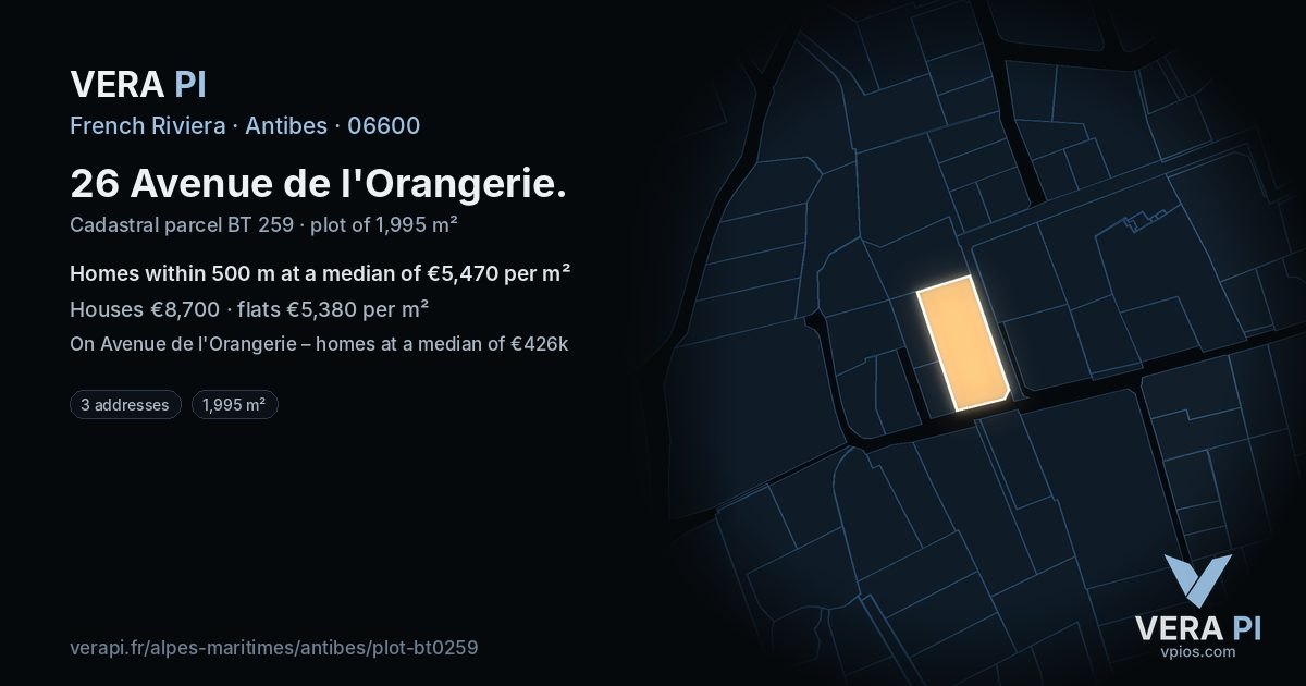 26 Avenue de l'Orangerie, Antibes at night – the plot lit, the parcels around coloured by the prices near them