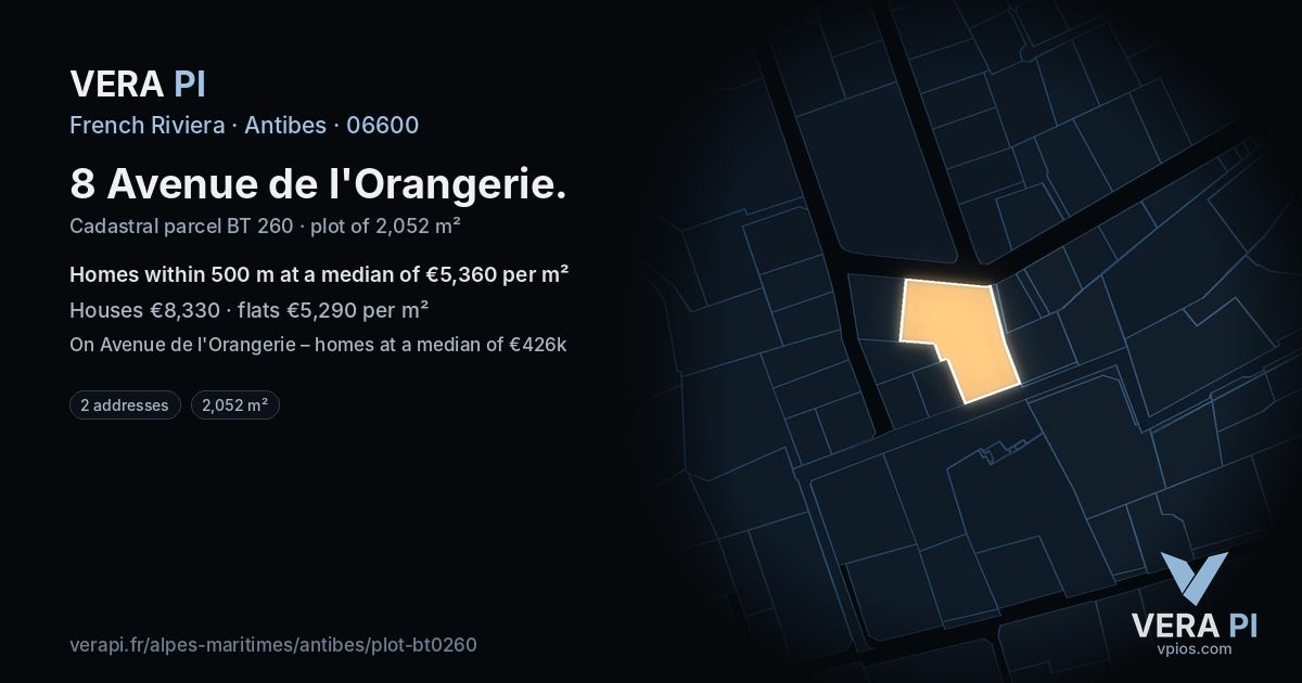 8 Avenue de l'Orangerie, Antibes at night – the plot lit, the parcels around coloured by the prices near them