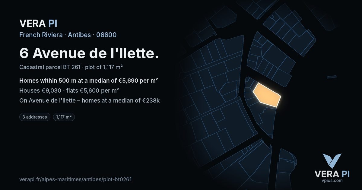 6 Avenue de l'Ilette, Antibes at night – the plot lit, the parcels around coloured by the prices near them
