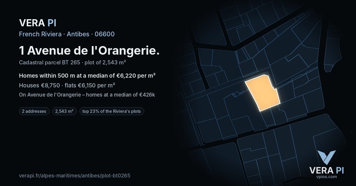 1 Avenue de l'Orangerie, Antibes at night – the plot lit, the parcels around coloured by the prices near them