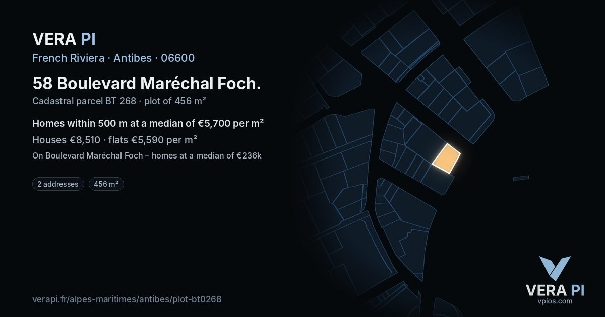 58 Boulevard Maréchal Foch, Antibes at night – the plot lit, the parcels around coloured by the prices near them