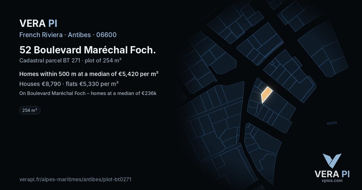 52 Boulevard Maréchal Foch, Antibes at night – the plot lit, the parcels around coloured by the prices near them