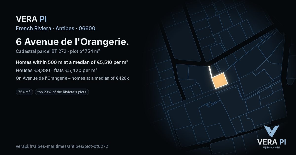 6 Avenue de l'Orangerie, Antibes at night – the plot lit, the parcels around coloured by the prices near them