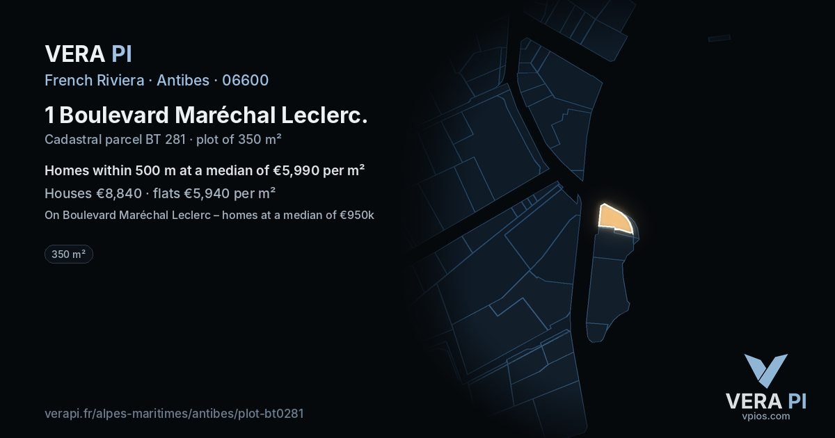 1 Boulevard Maréchal Leclerc, Antibes at night – the plot lit, the parcels around coloured by the prices near them