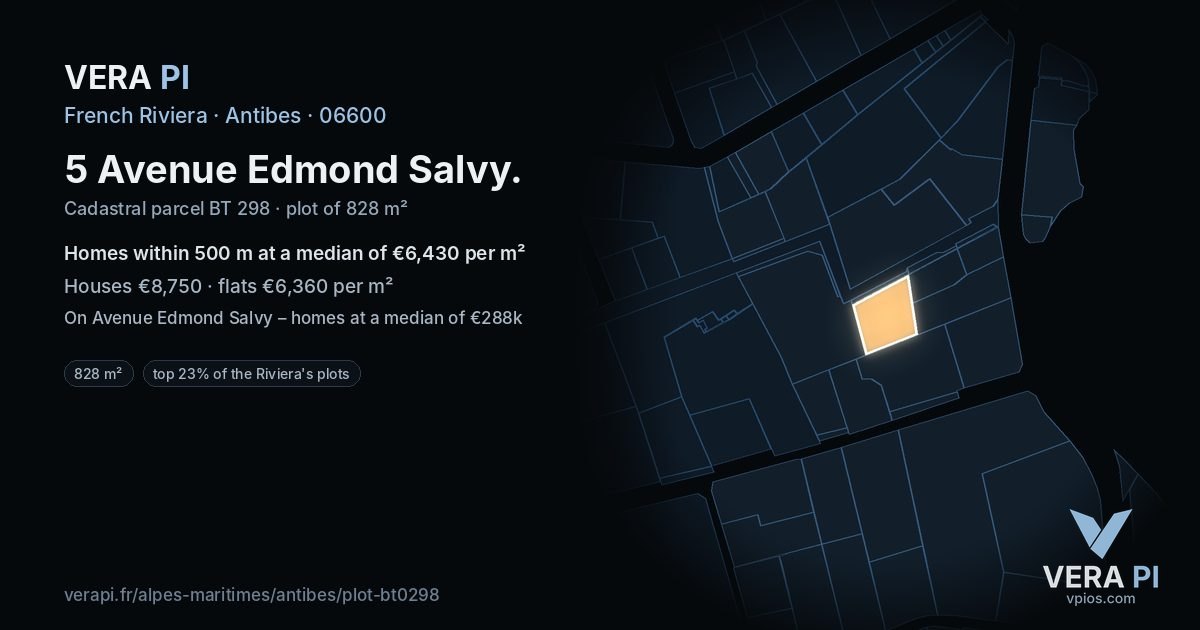5 Avenue Edmond Salvy, Antibes at night – the plot lit, the parcels around coloured by the prices near them