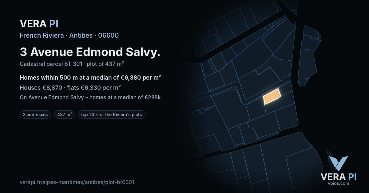 3 Avenue Edmond Salvy, Antibes at night – the plot lit, the parcels around coloured by the prices near them