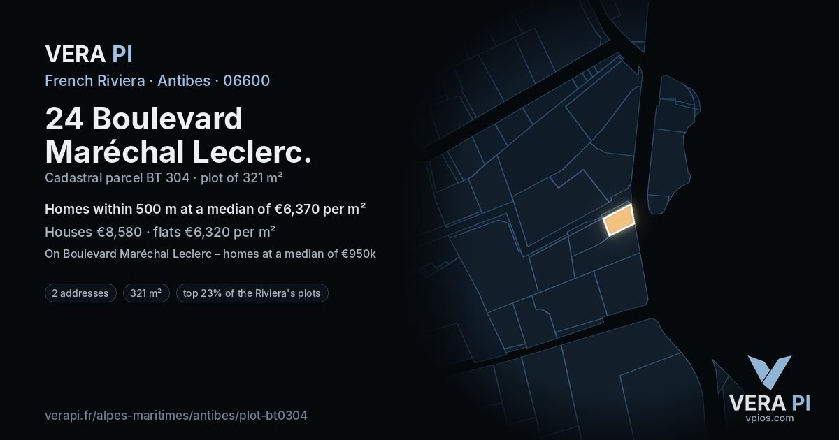 24 Boulevard Maréchal Leclerc, Antibes at night – the plot lit, the parcels around coloured by the prices near them