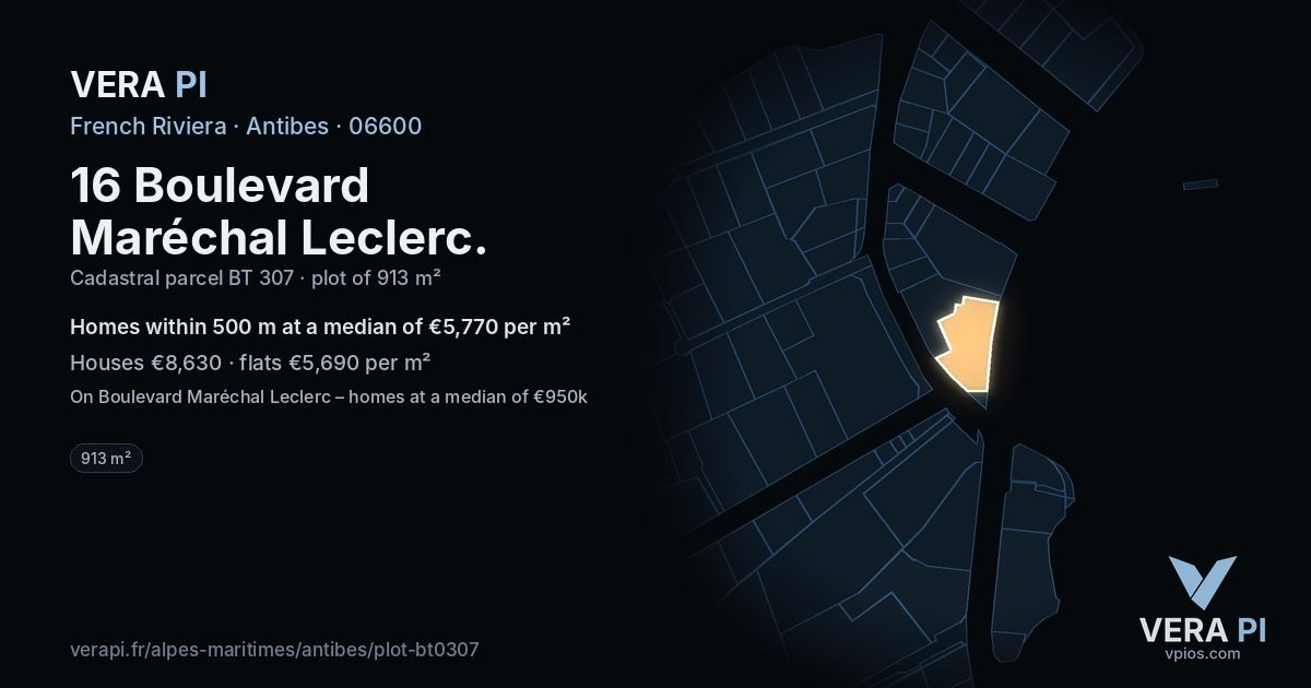 16 Boulevard Maréchal Leclerc, Antibes at night – the plot lit, the parcels around coloured by the prices near them
