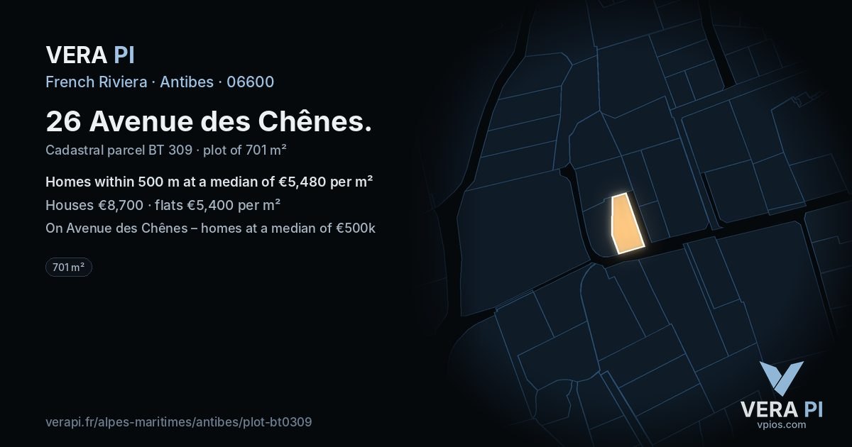 26 Avenue des Chênes, Antibes at night – the plot lit, the parcels around coloured by the prices near them