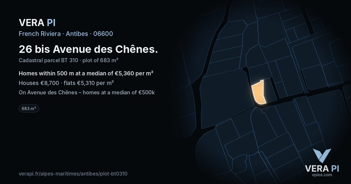 26 bis Avenue des Chênes, Antibes at night – the plot lit, the parcels around coloured by the prices near them