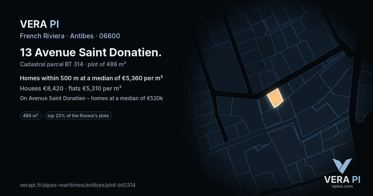 13 Avenue Saint Donatien, Antibes at night – the plot lit, the parcels around coloured by the prices near them
