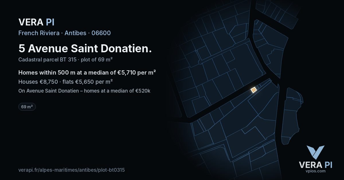 5 Avenue Saint Donatien, Antibes at night – the plot lit, the parcels around coloured by the prices near them