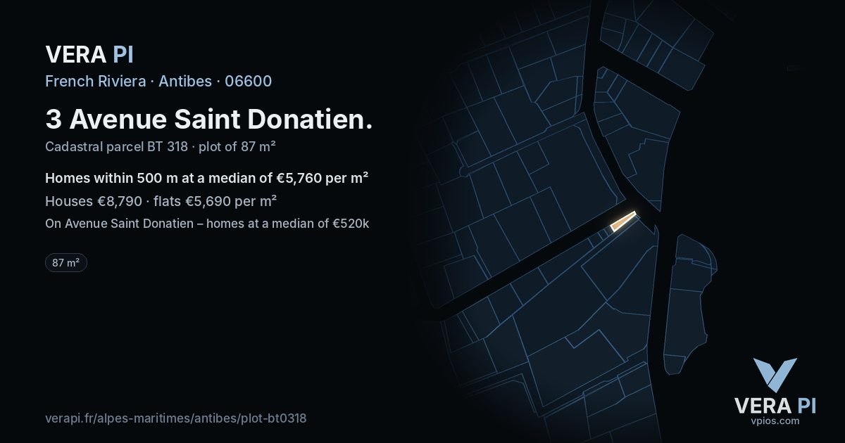 3 Avenue Saint Donatien, Antibes at night – the plot lit, the parcels around coloured by the prices near them