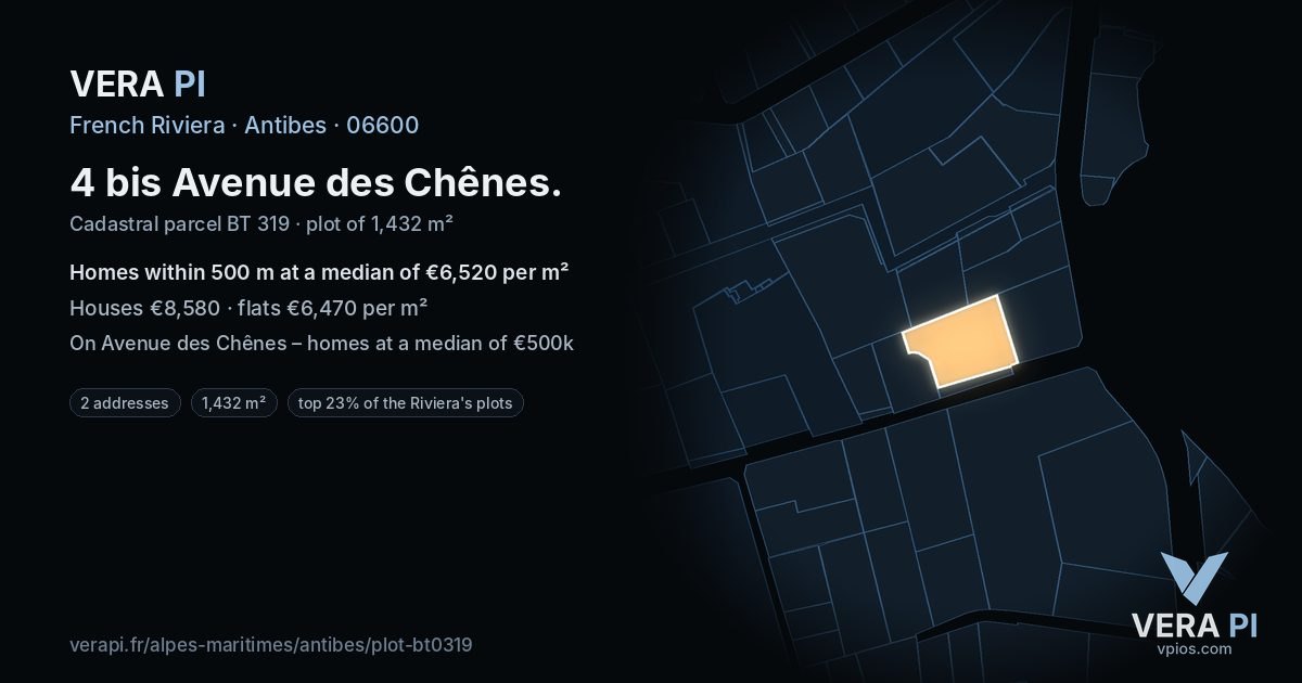4 bis Avenue des Chênes, Antibes at night – the plot lit, the parcels around coloured by the prices near them