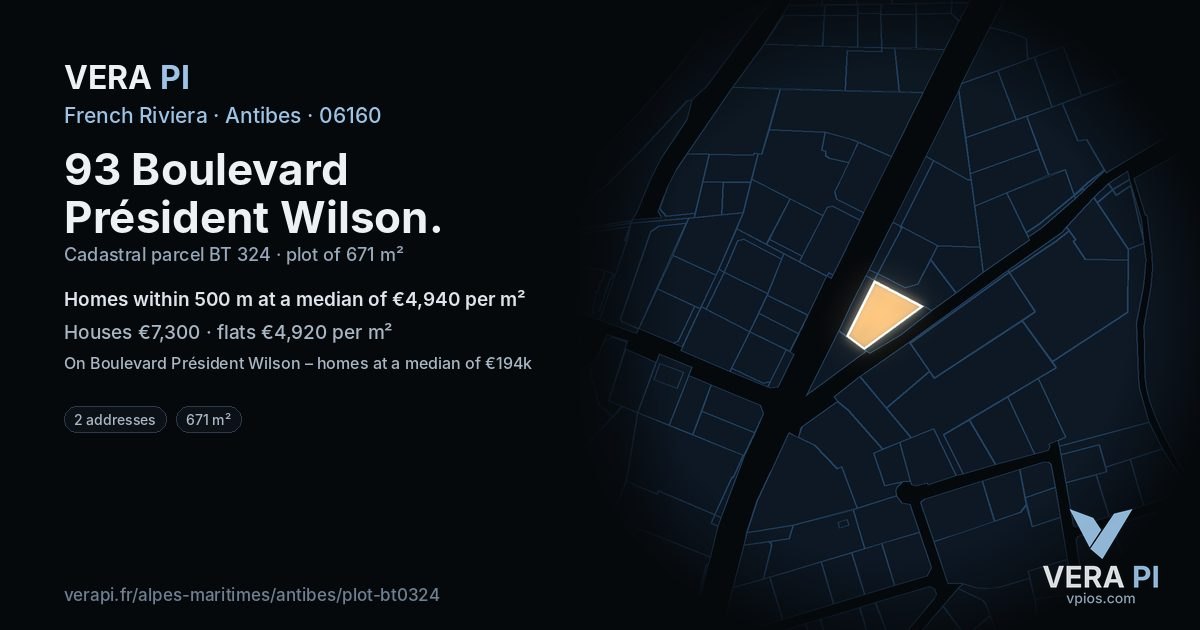 93 Boulevard Président Wilson, Antibes at night – the plot lit, the parcels around coloured by the prices near them