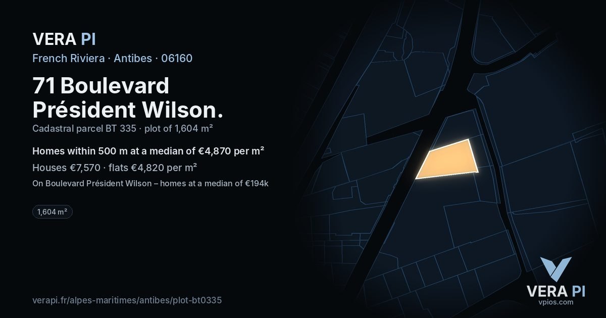 71 Boulevard Président Wilson, Antibes at night – the plot lit, the parcels around coloured by the prices near them
