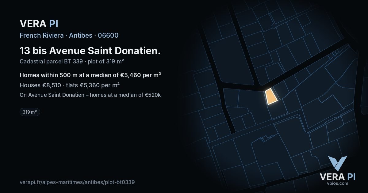 13 bis Avenue Saint Donatien, Antibes at night – the plot lit, the parcels around coloured by the prices near them