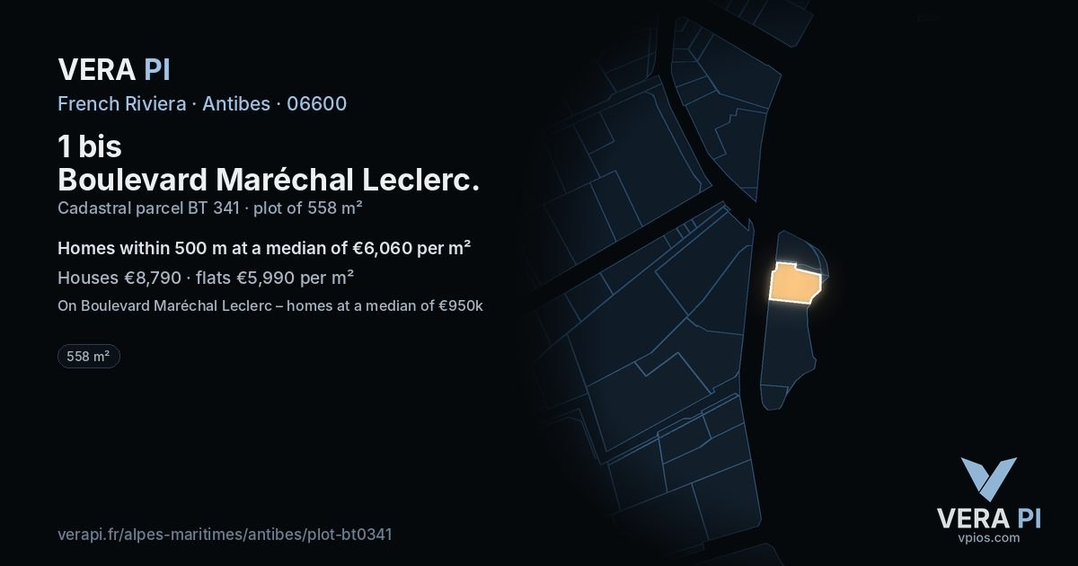 1 bis Boulevard Maréchal Leclerc, Antibes at night – the plot lit, the parcels around coloured by the prices near them