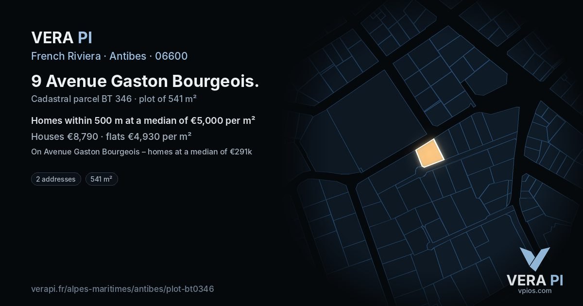 9 Avenue Gaston Bourgeois, Antibes at night – the plot lit, the parcels around coloured by the prices near them