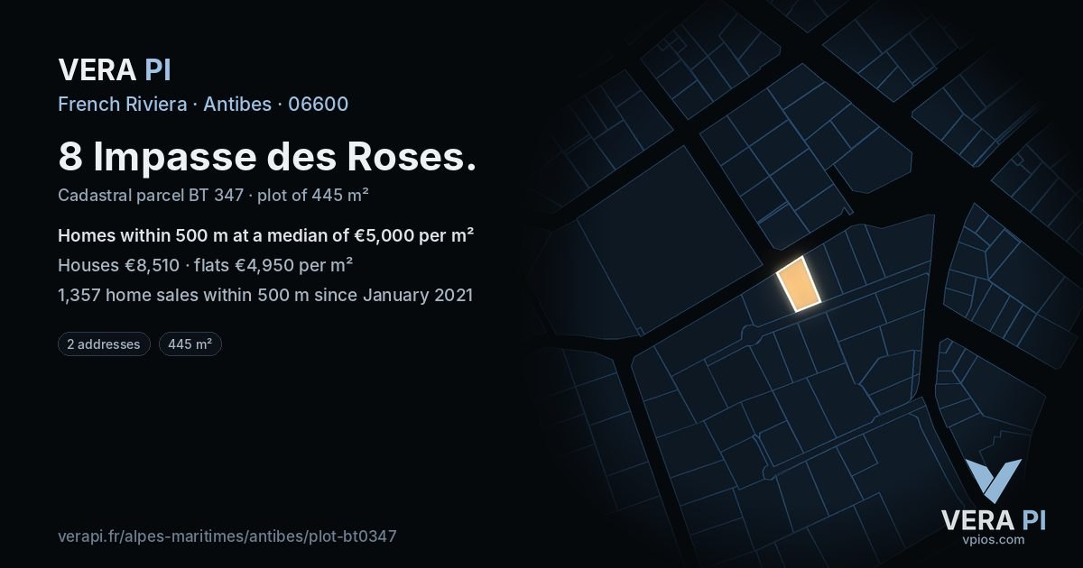8 Impasse des Roses, Antibes at night – the plot lit, the parcels around coloured by the prices near them