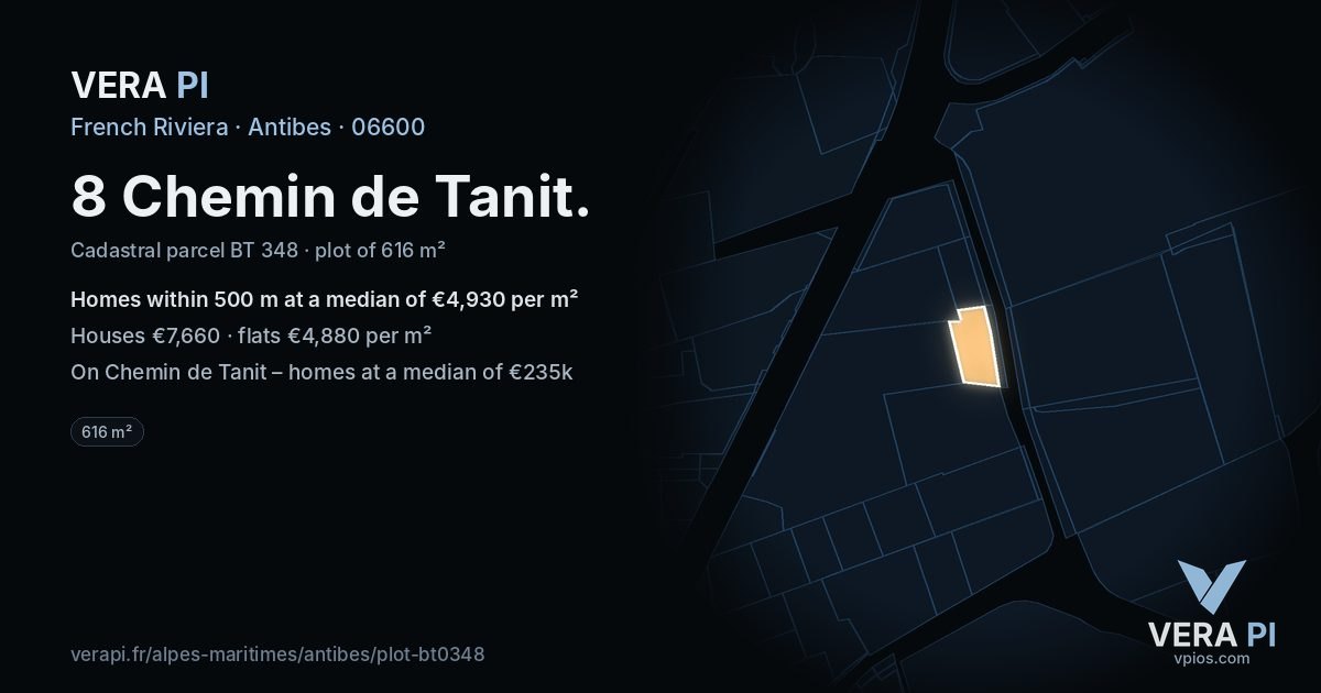 8 Chemin de Tanit, Antibes at night – the plot lit, the parcels around coloured by the prices near them