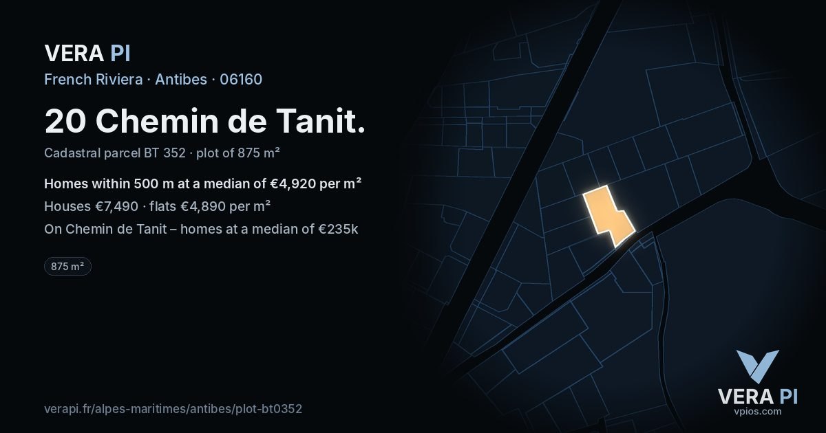 20 Chemin de Tanit, Antibes at night – the plot lit, the parcels around coloured by the prices near them