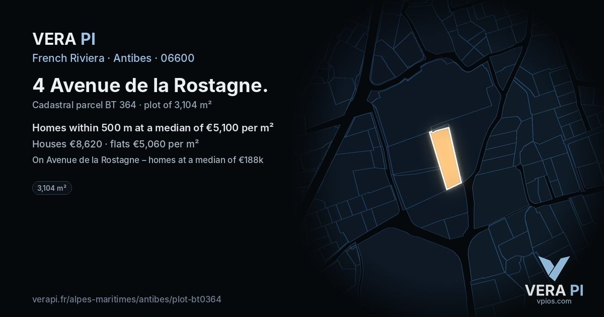4 Avenue de la Rostagne, Antibes at night – the plot lit, the parcels around coloured by the prices near them
