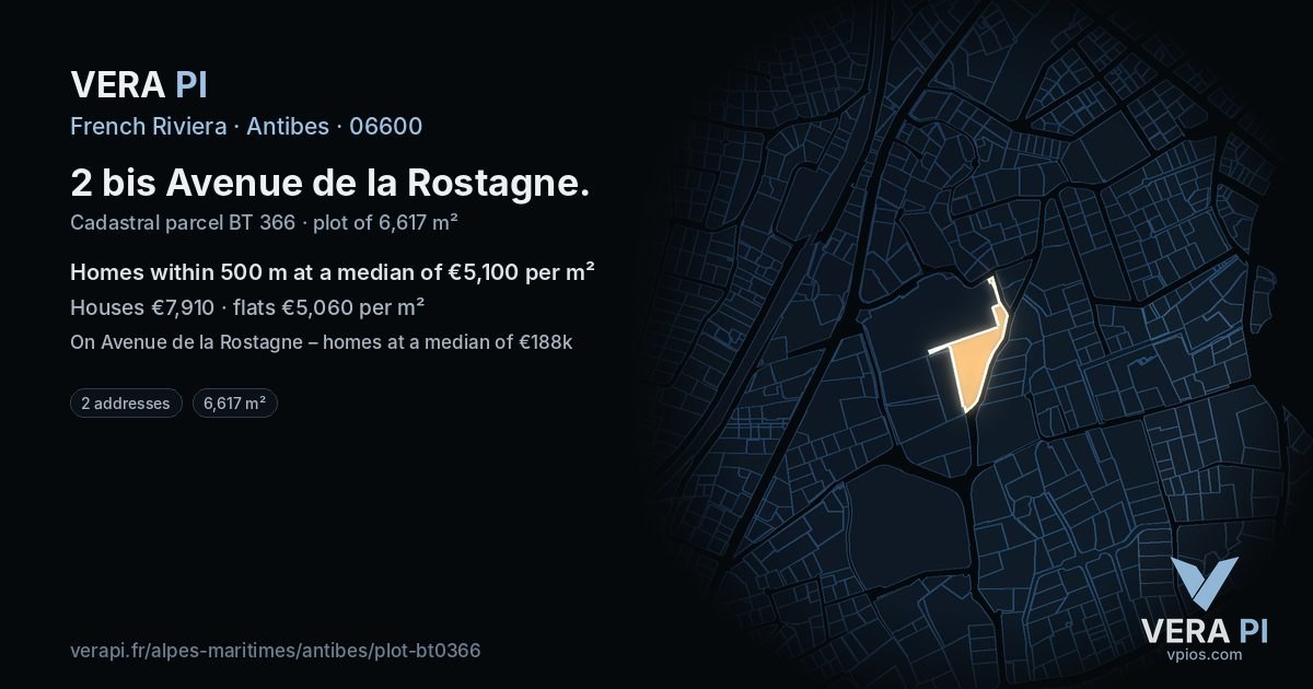 2 bis Avenue de la Rostagne, Antibes at night – the plot lit, the parcels around coloured by the prices near them
