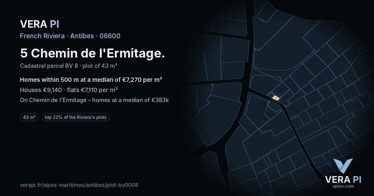 5 Chemin de l'Ermitage, Antibes at night – the plot lit, the parcels around coloured by the prices near them