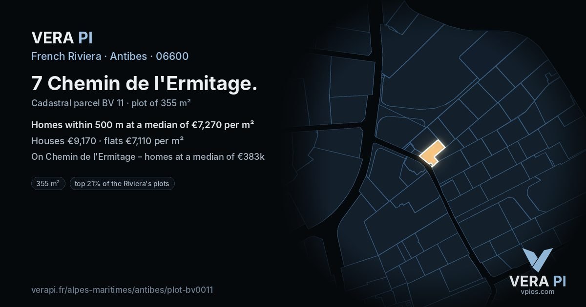 7 Chemin de l'Ermitage, Antibes at night – the plot lit, the parcels around coloured by the prices near them