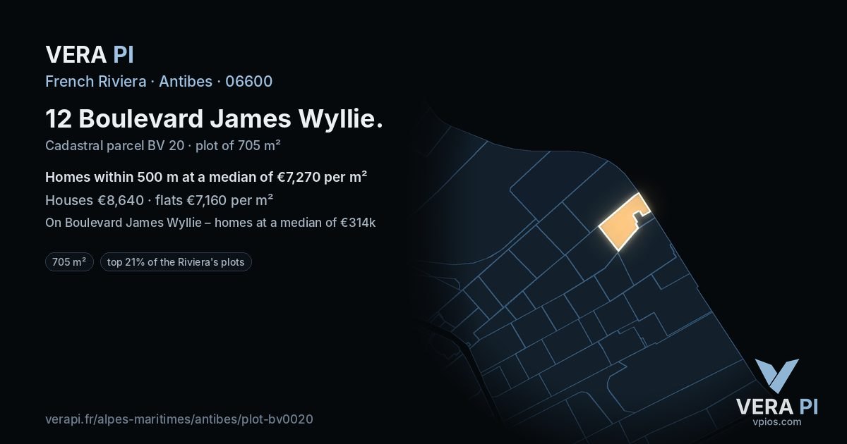 12 Boulevard James Wyllie, Antibes at night – the plot lit, the parcels around coloured by the prices near them