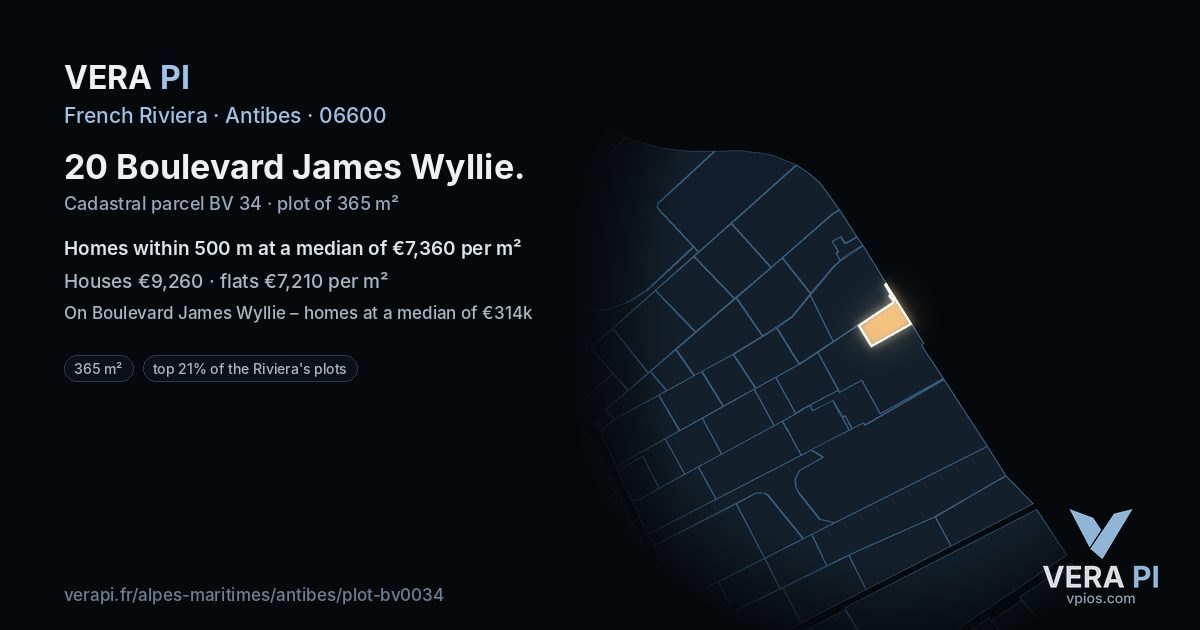 20 Boulevard James Wyllie, Antibes at night – the plot lit, the parcels around coloured by the prices near them