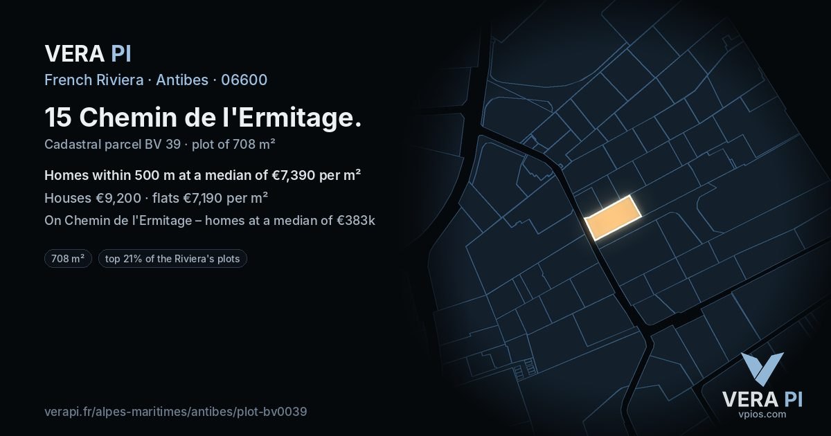 15 Chemin de l'Ermitage, Antibes at night – the plot lit, the parcels around coloured by the prices near them
