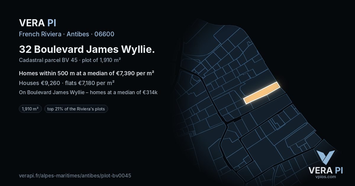 32 Boulevard James Wyllie, Antibes at night – the plot lit, the parcels around coloured by the prices near them