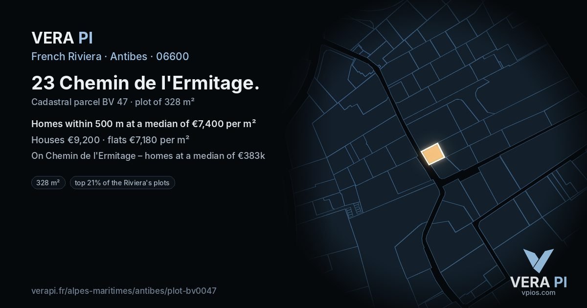 23 Chemin de l'Ermitage, Antibes at night – the plot lit, the parcels around coloured by the prices near them