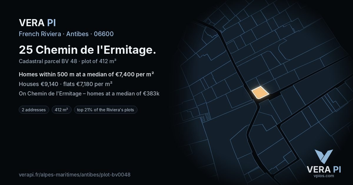 25 Chemin de l'Ermitage, Antibes at night – the plot lit, the parcels around coloured by the prices near them