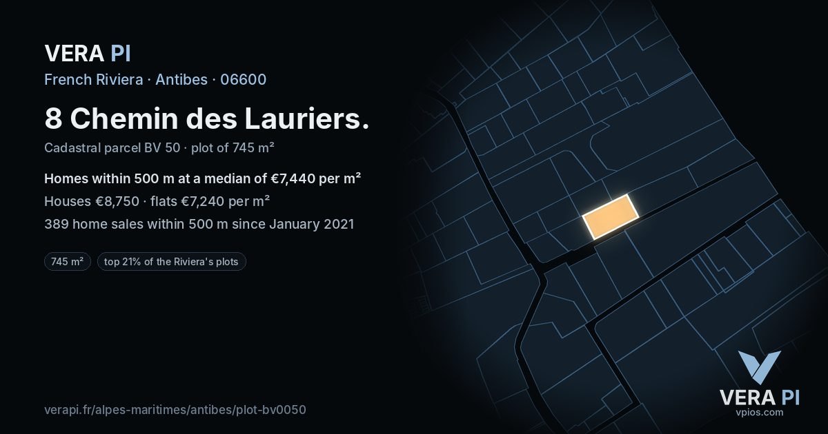 8 Chemin des Lauriers, Antibes at night – the plot lit, the parcels around coloured by the prices near them