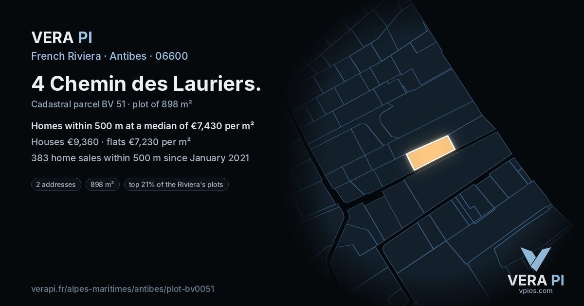 4 Chemin des Lauriers, Antibes at night – the plot lit, the parcels around coloured by the prices near them