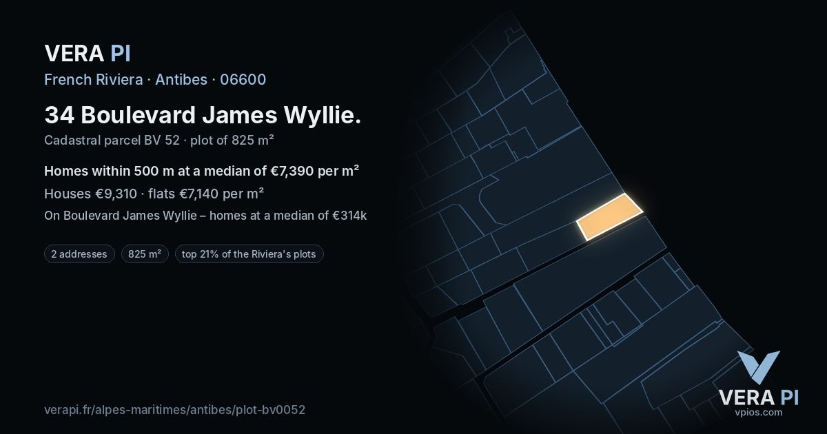 34 Boulevard James Wyllie, Antibes at night – the plot lit, the parcels around coloured by the prices near them