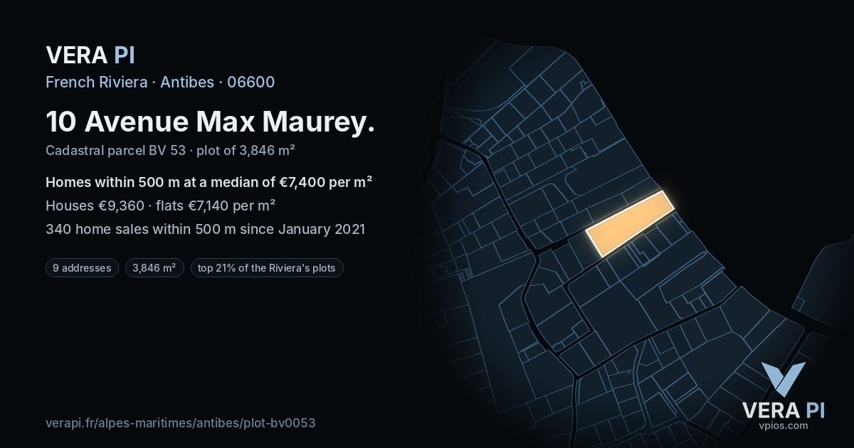10 Avenue Max Maurey, Antibes at night – the plot lit, the parcels around coloured by the prices near them