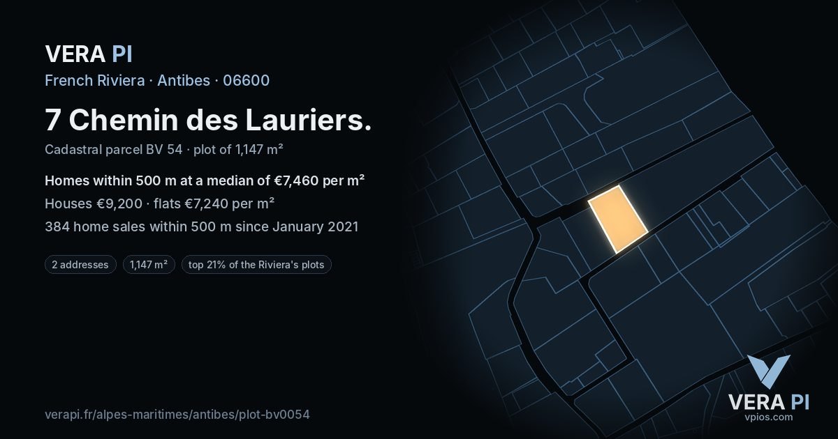 7 Chemin des Lauriers, Antibes at night – the plot lit, the parcels around coloured by the prices near them