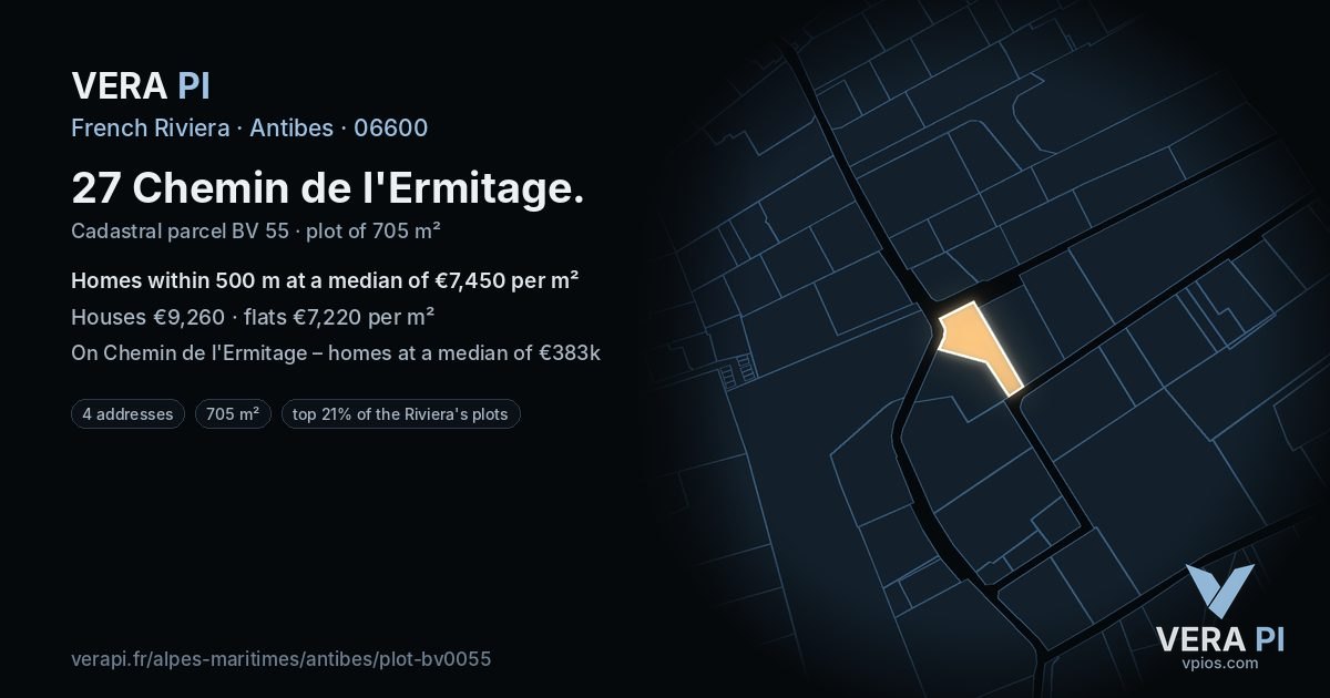 27 Chemin de l'Ermitage, Antibes at night – the plot lit, the parcels around coloured by the prices near them