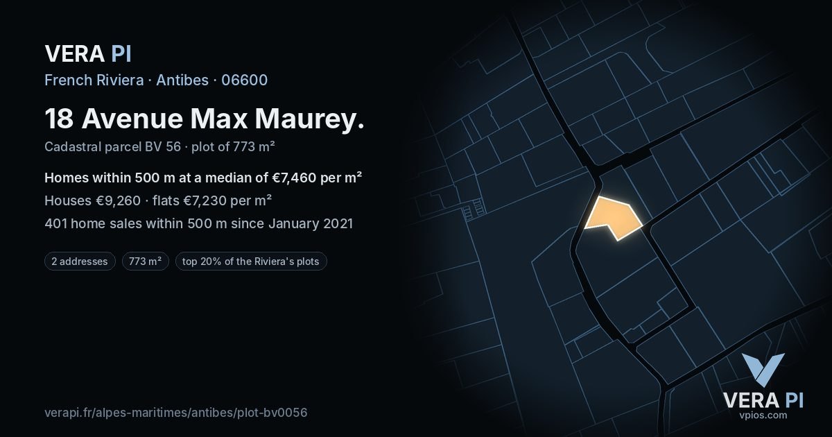 18 Avenue Max Maurey, Antibes at night – the plot lit, the parcels around coloured by the prices near them
