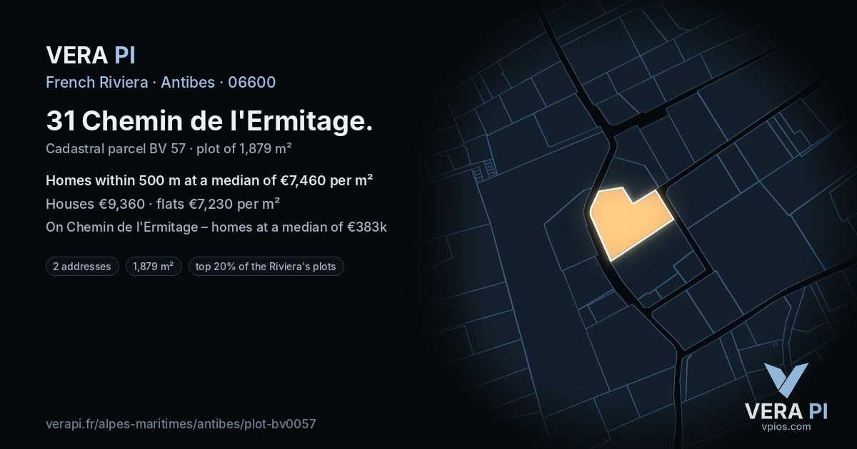31 Chemin de l'Ermitage, Antibes at night – the plot lit, the parcels around coloured by the prices near them