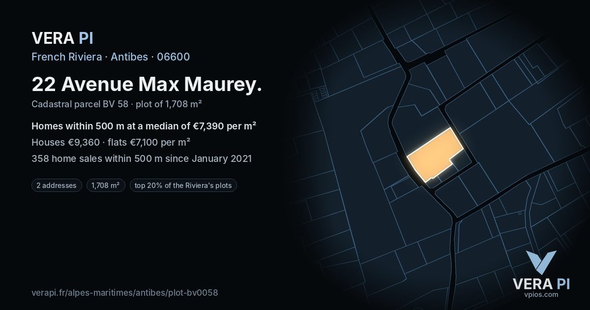 22 Avenue Max Maurey, Antibes at night – the plot lit, the parcels around coloured by the prices near them