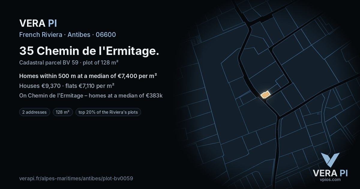 35 Chemin de l'Ermitage, Antibes at night – the plot lit, the parcels around coloured by the prices near them