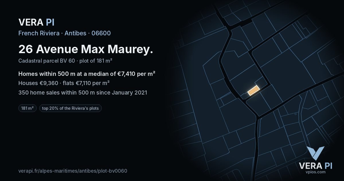 26 Avenue Max Maurey, Antibes at night – the plot lit, the parcels around coloured by the prices near them