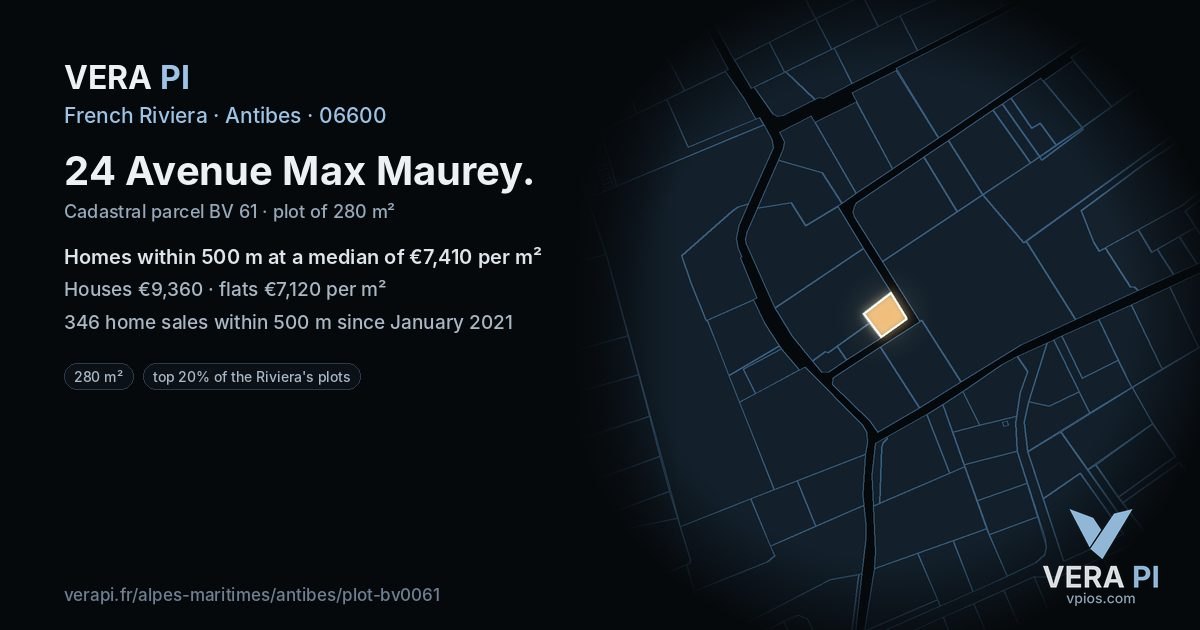 24 Avenue Max Maurey, Antibes at night – the plot lit, the parcels around coloured by the prices near them